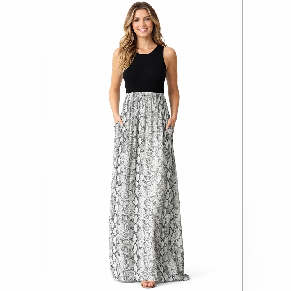 Black & Gray Snakeskin Maxi Dress with Pockets Sleeveless Casual Size S